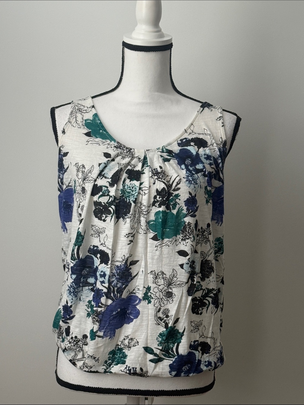 LOFT Floral Scoop Neck Sleeveless Top - White with Blue & Green